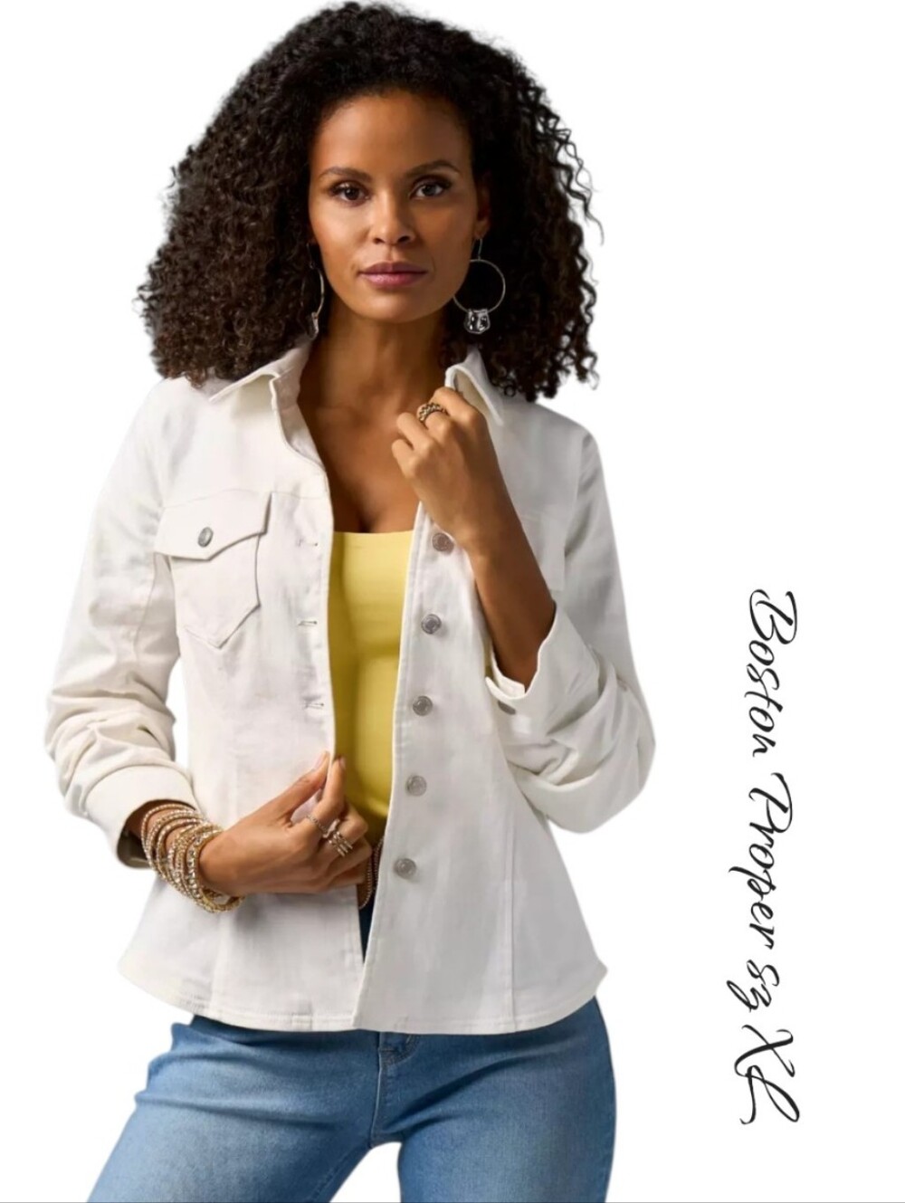 Boston Proper White Ruched Sleeve Shaped Denim Jacket XL Stretch Button Front